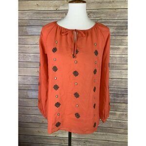 THML XS Tie Collar Top Boho Embroidered Long Sleeve Sheer Coral